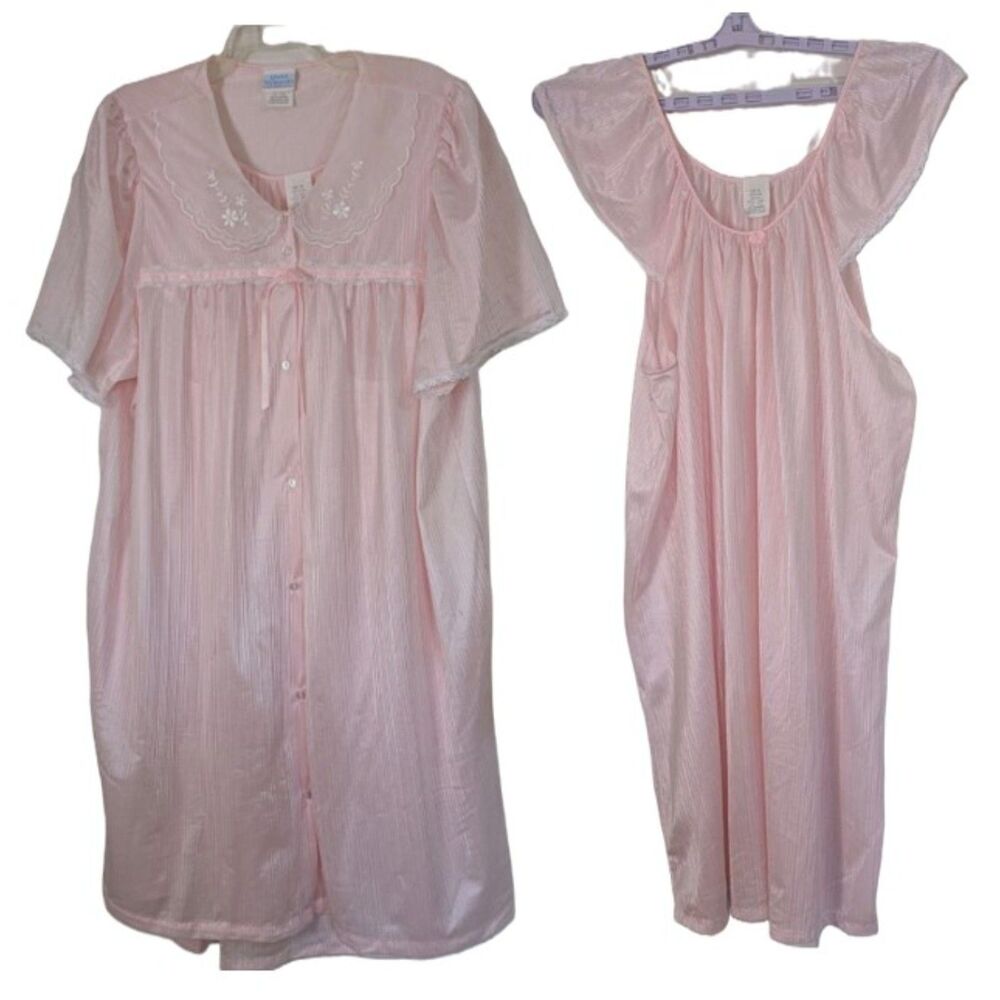 VTG Quiet Moments 2PC Robe Nightgown 3X Pink White Lace Satin Bow Cottagecore